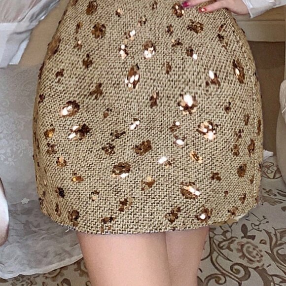 Gold Preppy Women's Elegant Sequin Embellished Bodycon Mini Skirt - Picture 8 of 9